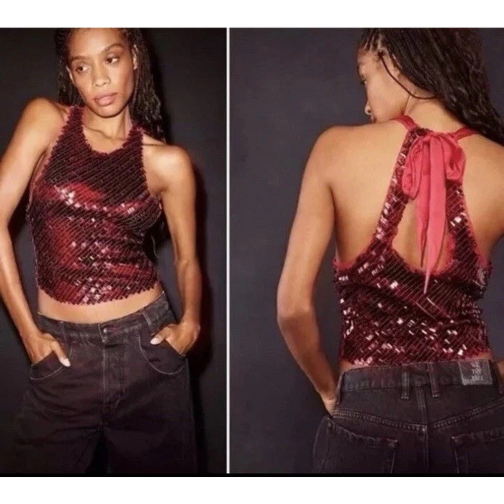 Free People Intimately Womens Gold Combo FP Disco Fever Party Tie Cami Top L